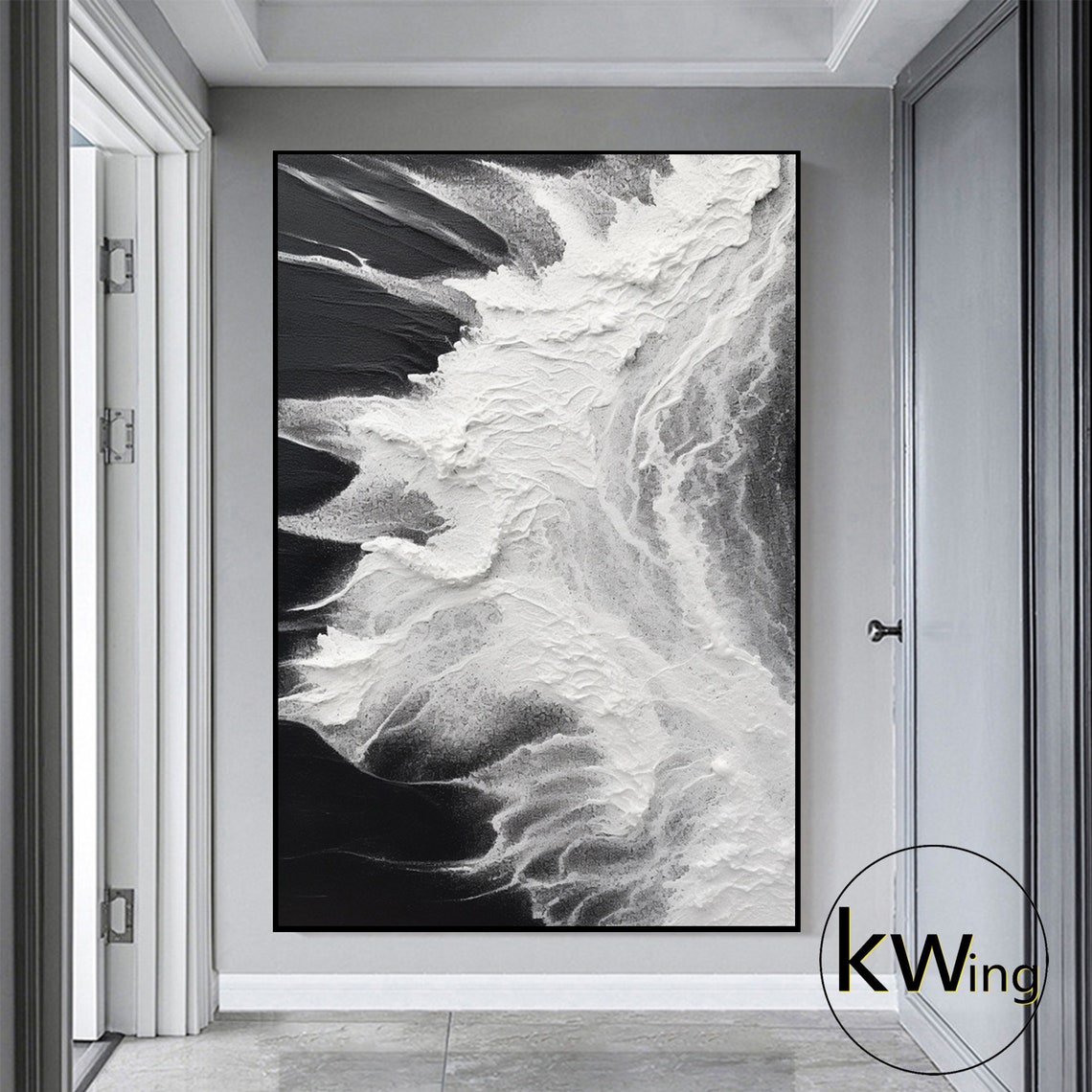 Black White Crashing Wave Abstract 3D Texture Painting Wall Art Poster - Image 3