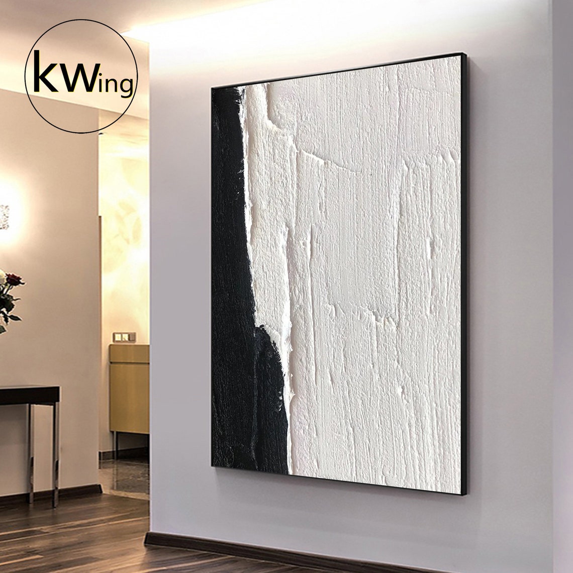 White Black Split Textured Abstract Painting Bold Minimalist Poster - Image 3