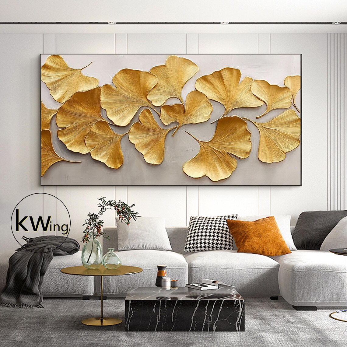 Gold Ginkgo Leaves 3D Relief Botanical Painting Luxury Wall Art Poster - Image 3
