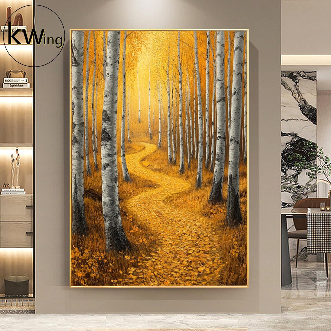 Golden Autumn Birch Forest Path Painting Textured Fall Wall Art Poster - Image 4