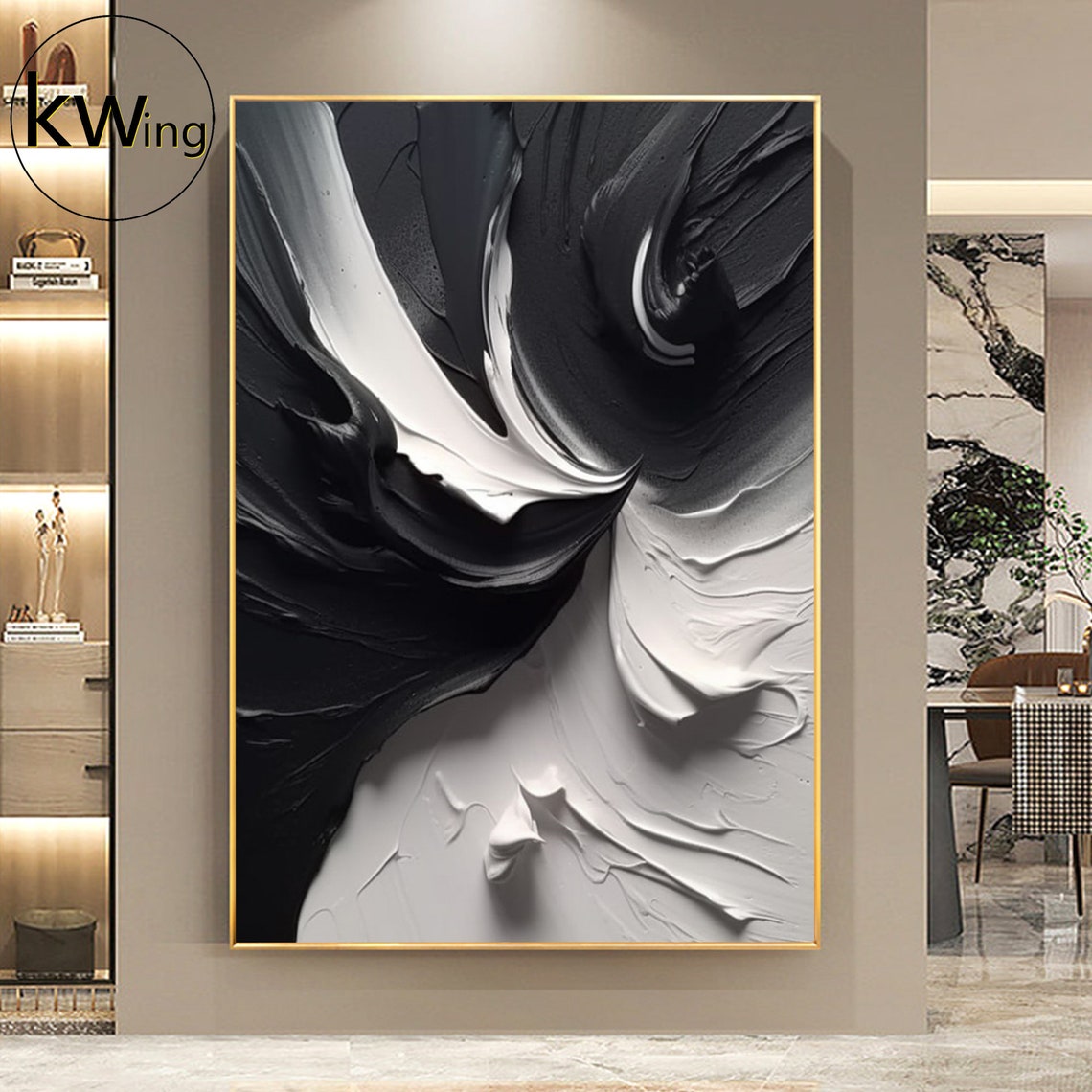 Black White Flowing Feather Wave Impasto Textured Yin Yang Poster - Image 4