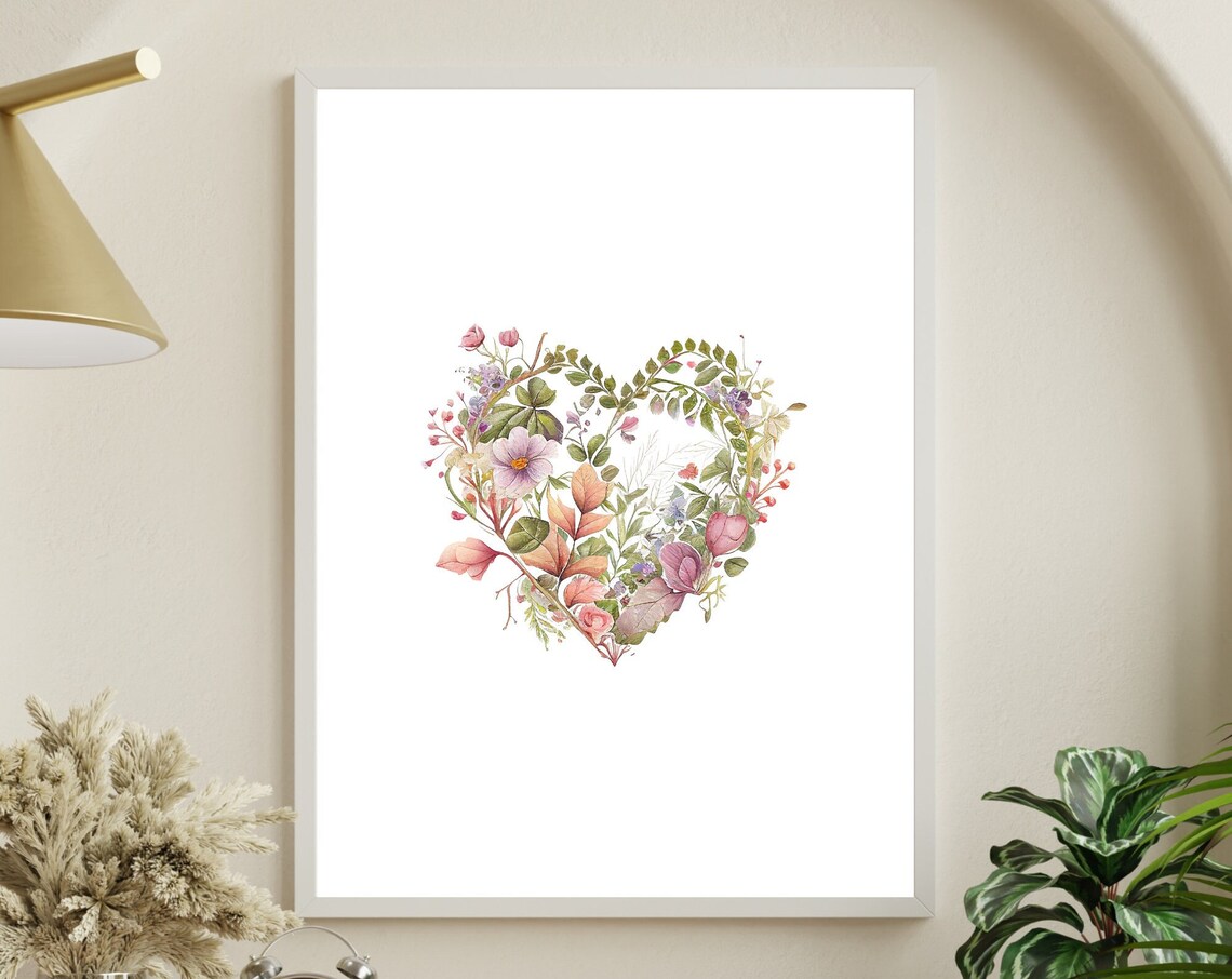 Watercolor Floral Heart Botanical Love Art White Background Print