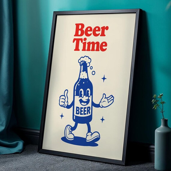 Beer Time Retro Poster Smiling Bottle Wall Art Funny Vintage Bar Decor Instant