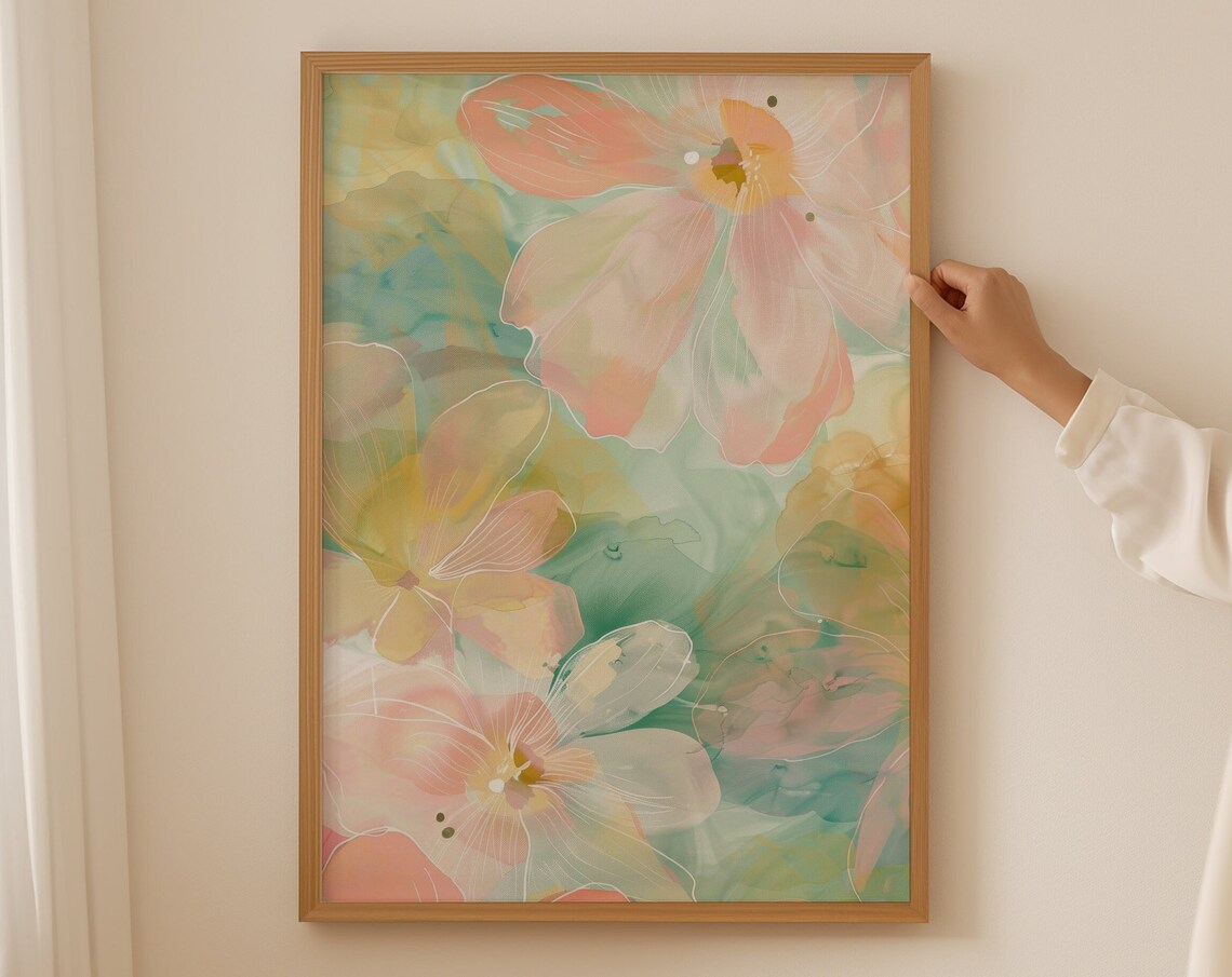 Abstract Flower Botanical Pink Green Wall Art Print