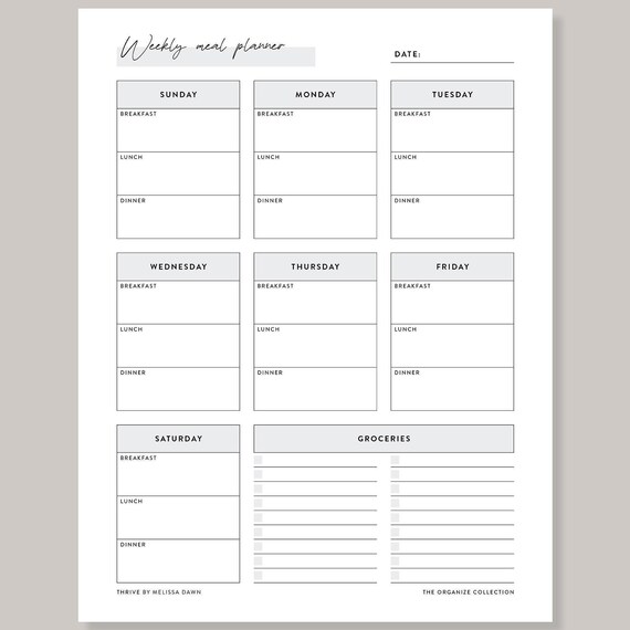 Weekly Meal Planner Template 7 Day Family Food Organizer Print