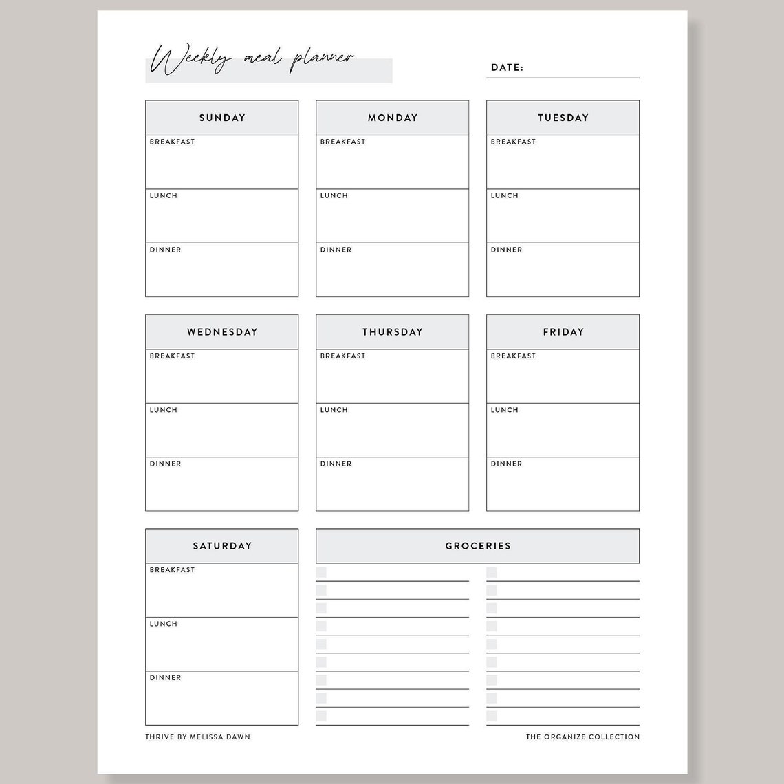 Weekly Meal Planner Template 7 Day Family Food Organizer Print