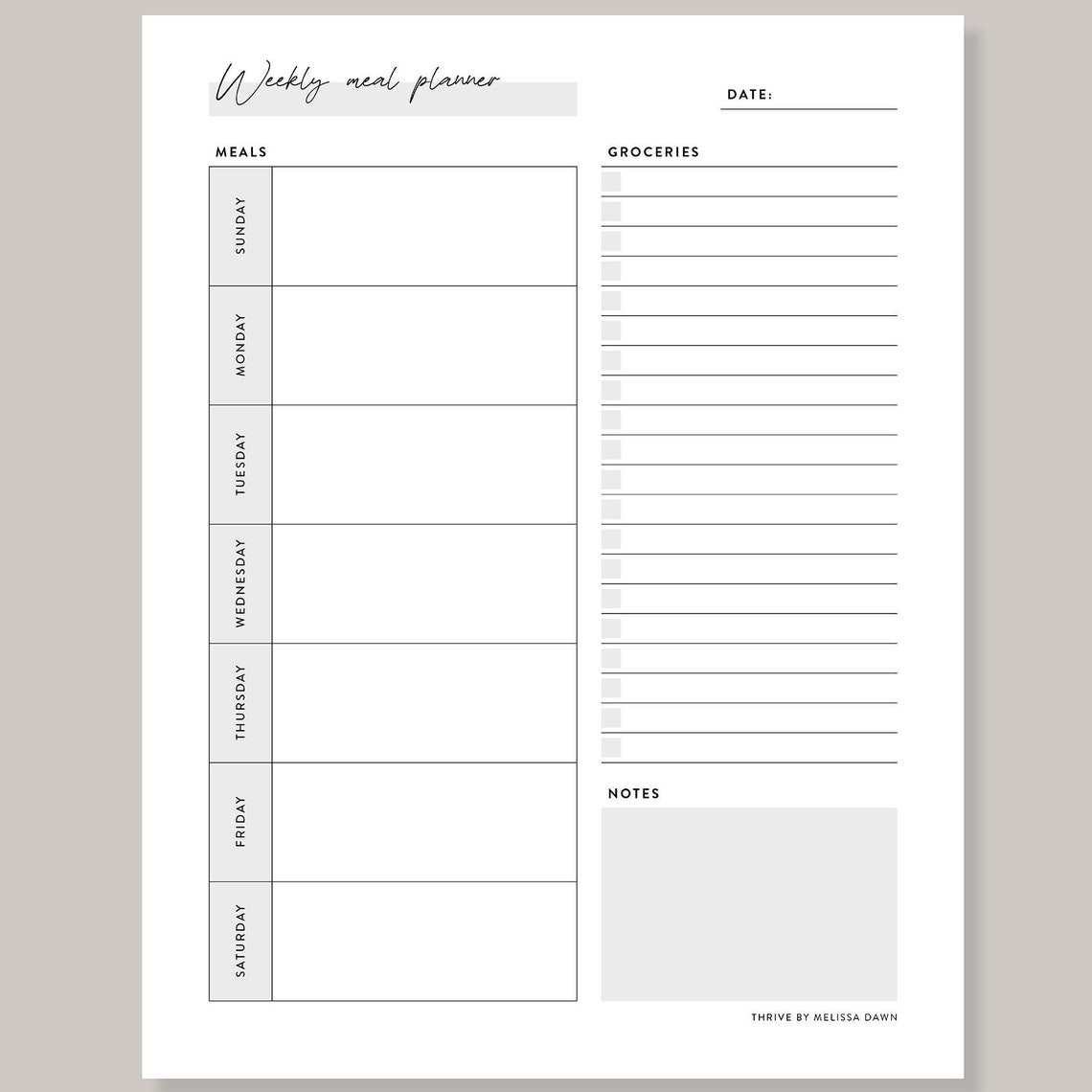 Weekly Meal Planner Grocery List Printable Kitchen Organizer Print