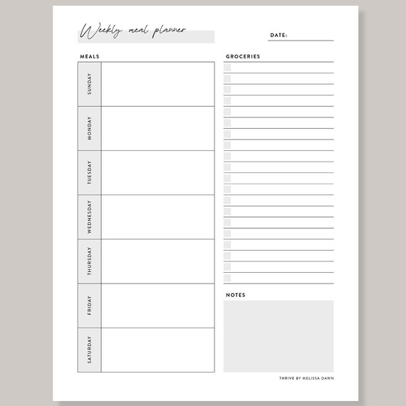 Weekly Meal Planner Grocery List Printable Kitchen Organizer Print