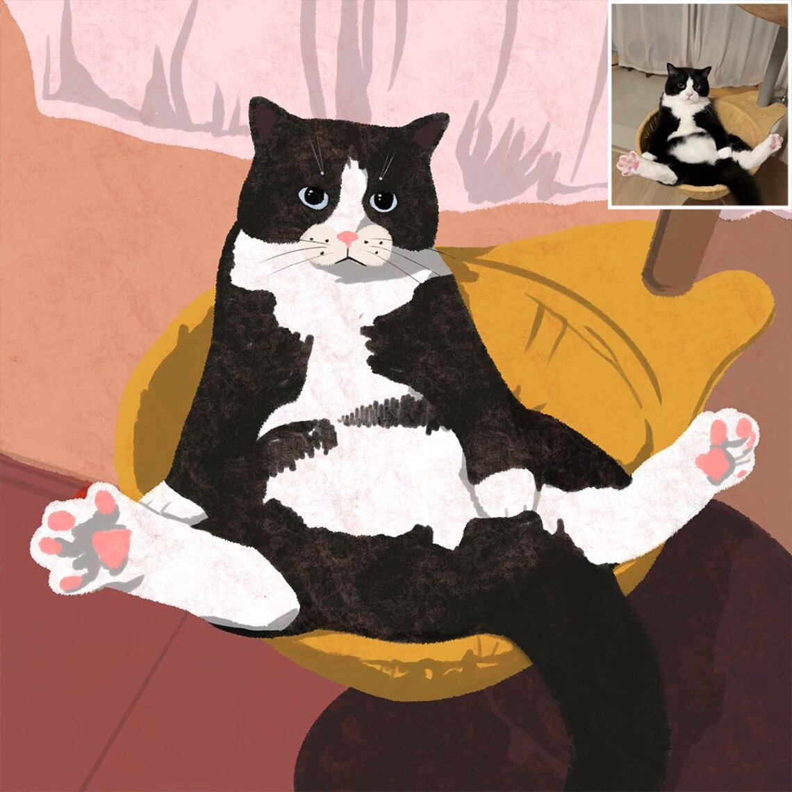 Tuxedo Cat Custom Pet Portrait Lounging in Chair Black White Wall Art - Image 2
