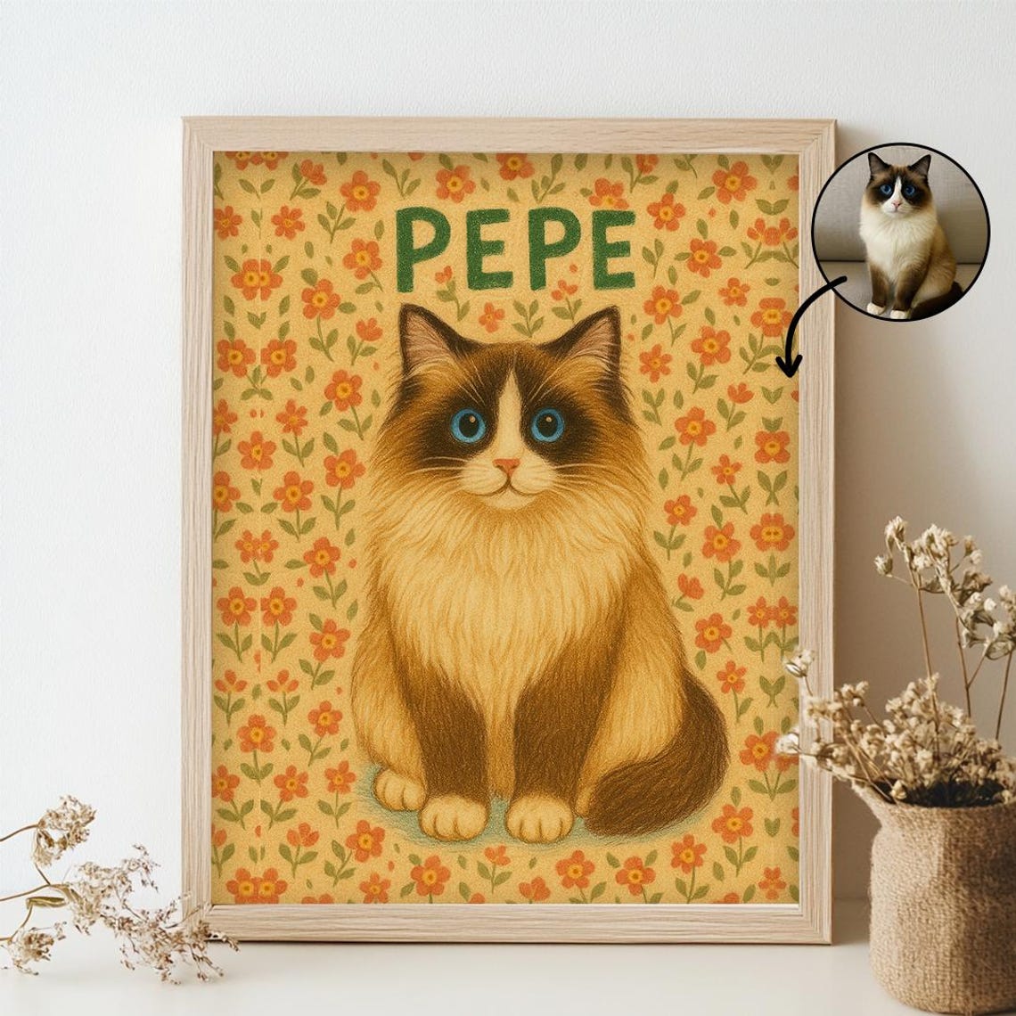 Custom Cat Portrait Cute Poster Personalized Badly Drawn Pet Art Lover Gift Hand Wall Loss Funny