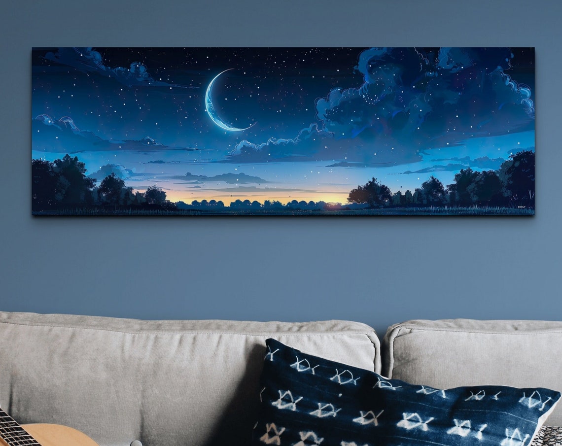 Crescent Moon Starry Night Sky Anime Style Panoramic Sky Poster