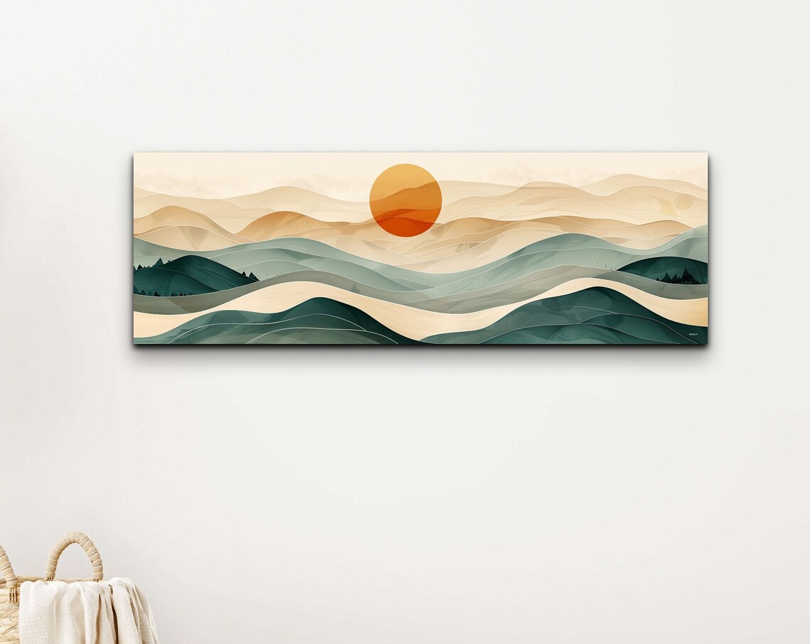 Panoramic Mid-Century Modern Boho Sunrise Geometric Art Print