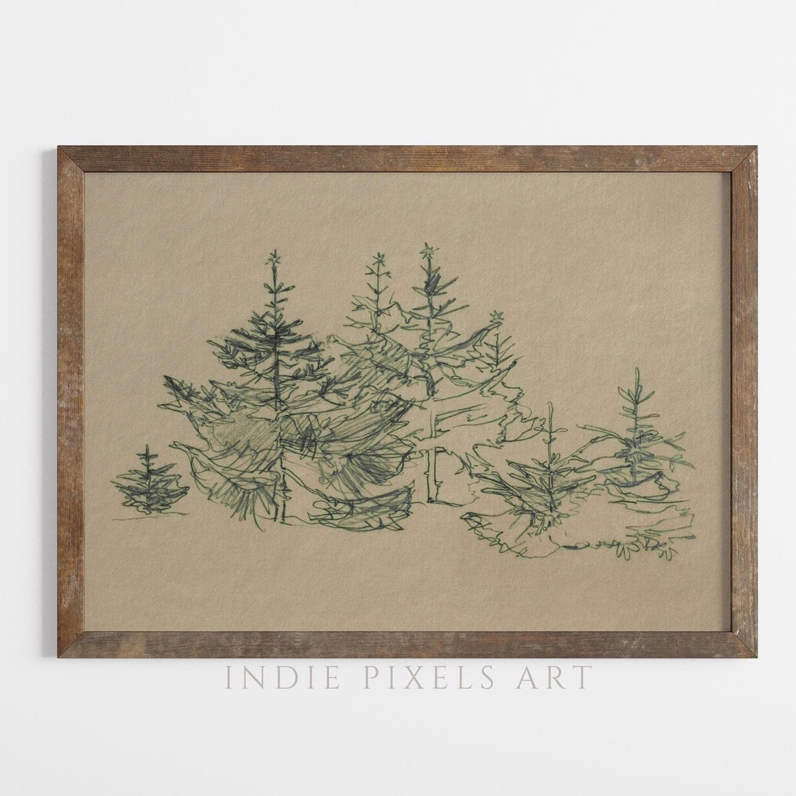 Minimalist Evergreen Pine Tree Sketch Winter Forest Wall Art Print