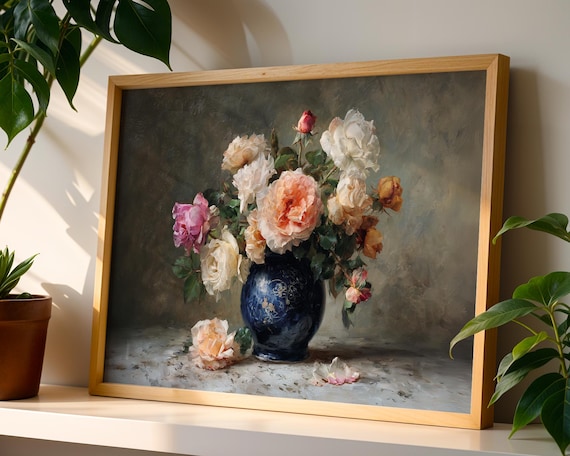 Vintage Roses Blue Vase Impressionist Floral Still Life Painting Poster