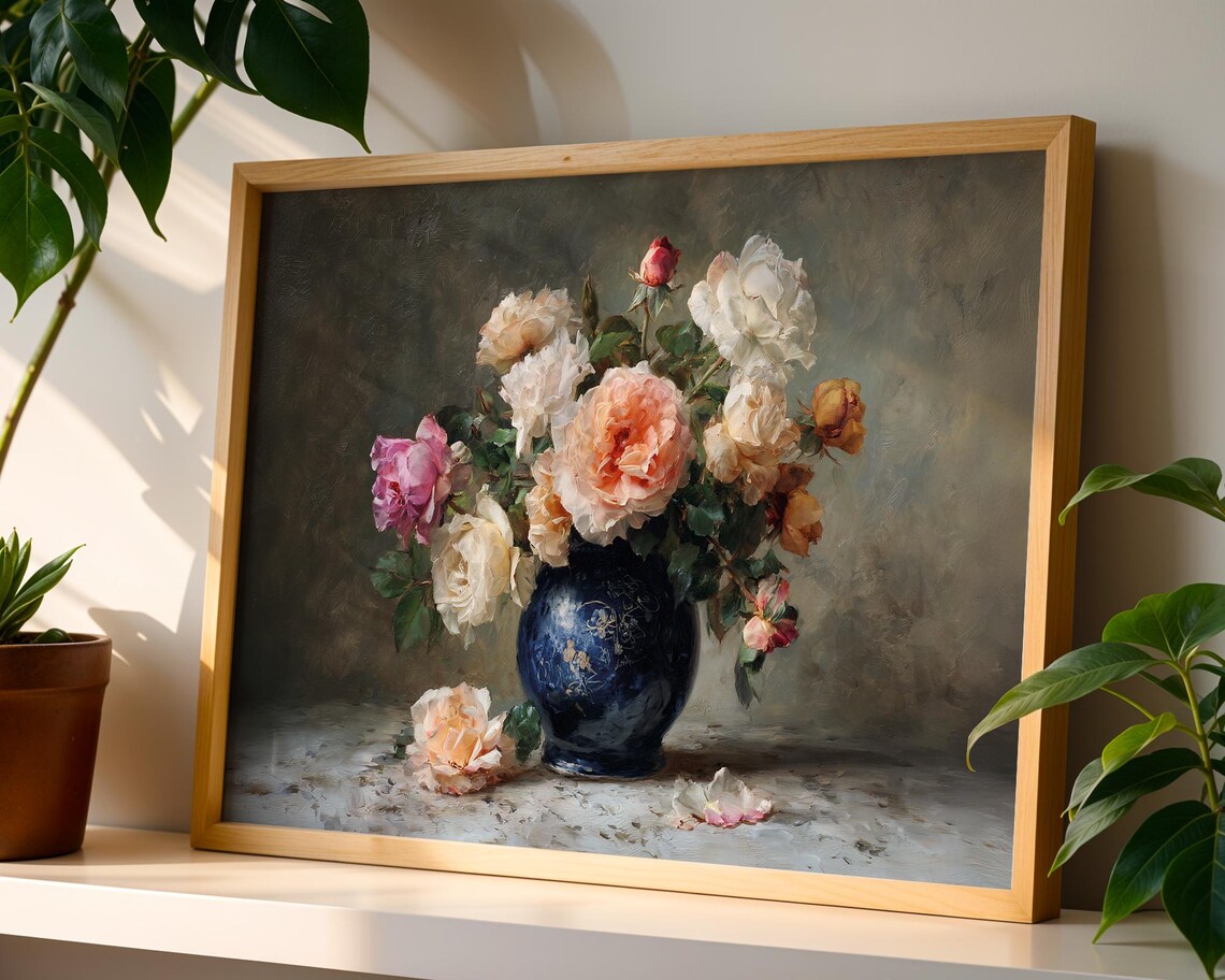 Vintage Roses Blue Vase Impressionist Floral Still Life Painting Poster