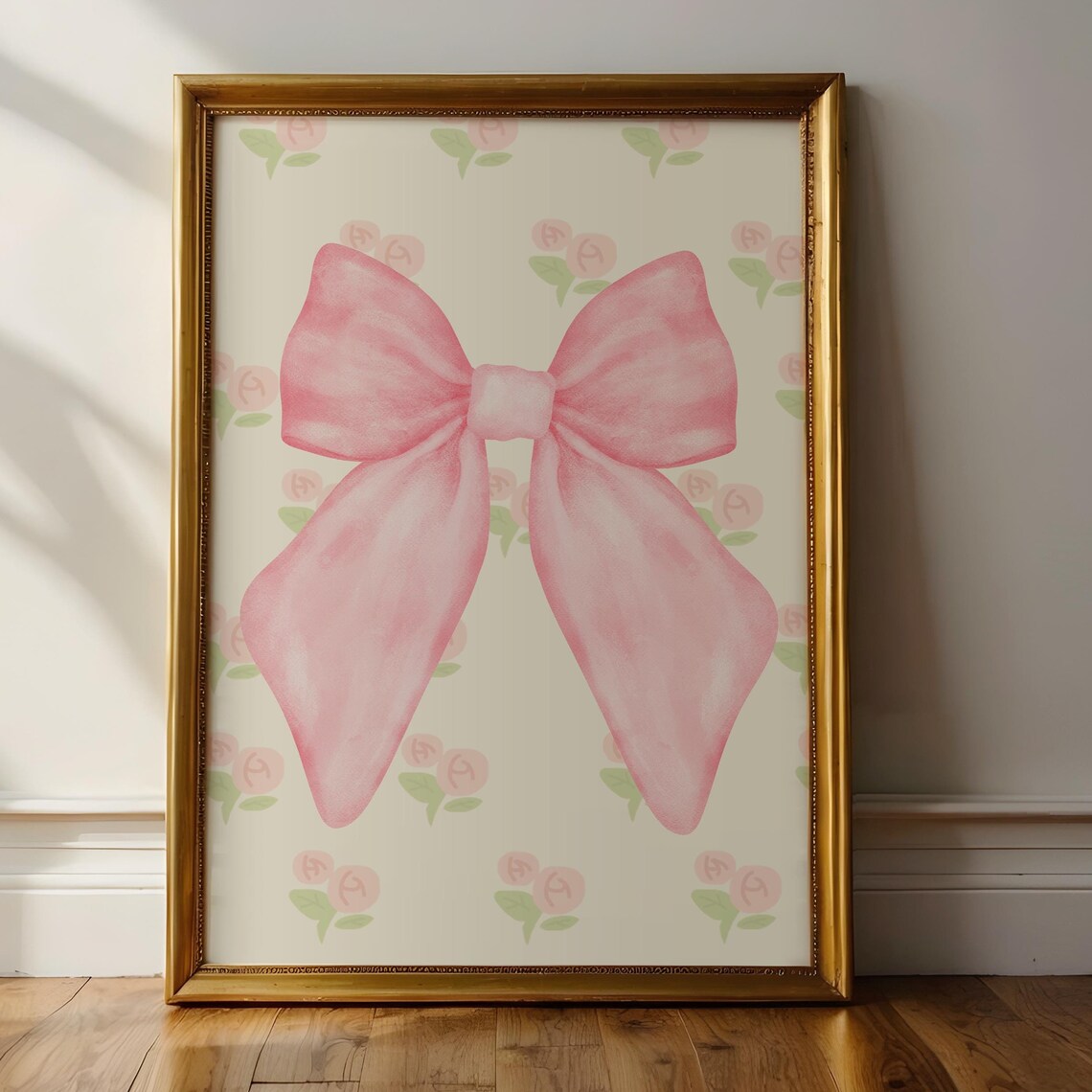 Watercolor Pink Bow Wall Art Soft Ribbon Roses Coquette Nursery Print