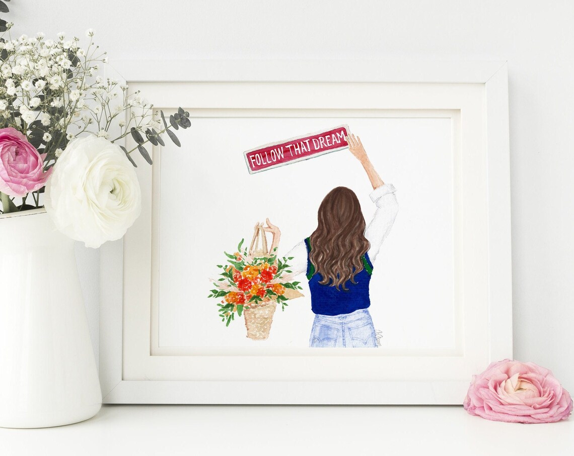 Follow That Dream Girl With Flower Basket Motivational Quote Wall Art