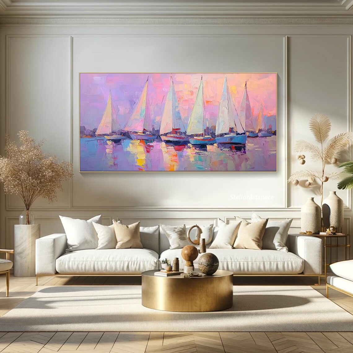 Seven Sailboats Sunset Harbor Pink Lavender Seascape Art Poster - Image 3