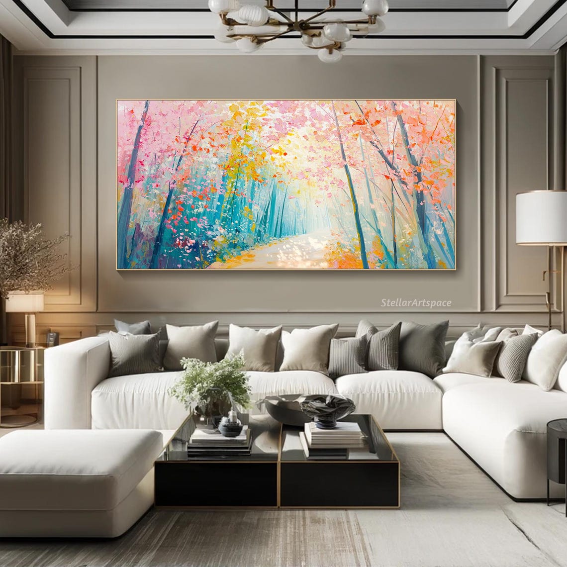 Spring Forest Path Pink Blossoms Teal Trees Light Trail Wall Art - Image 4