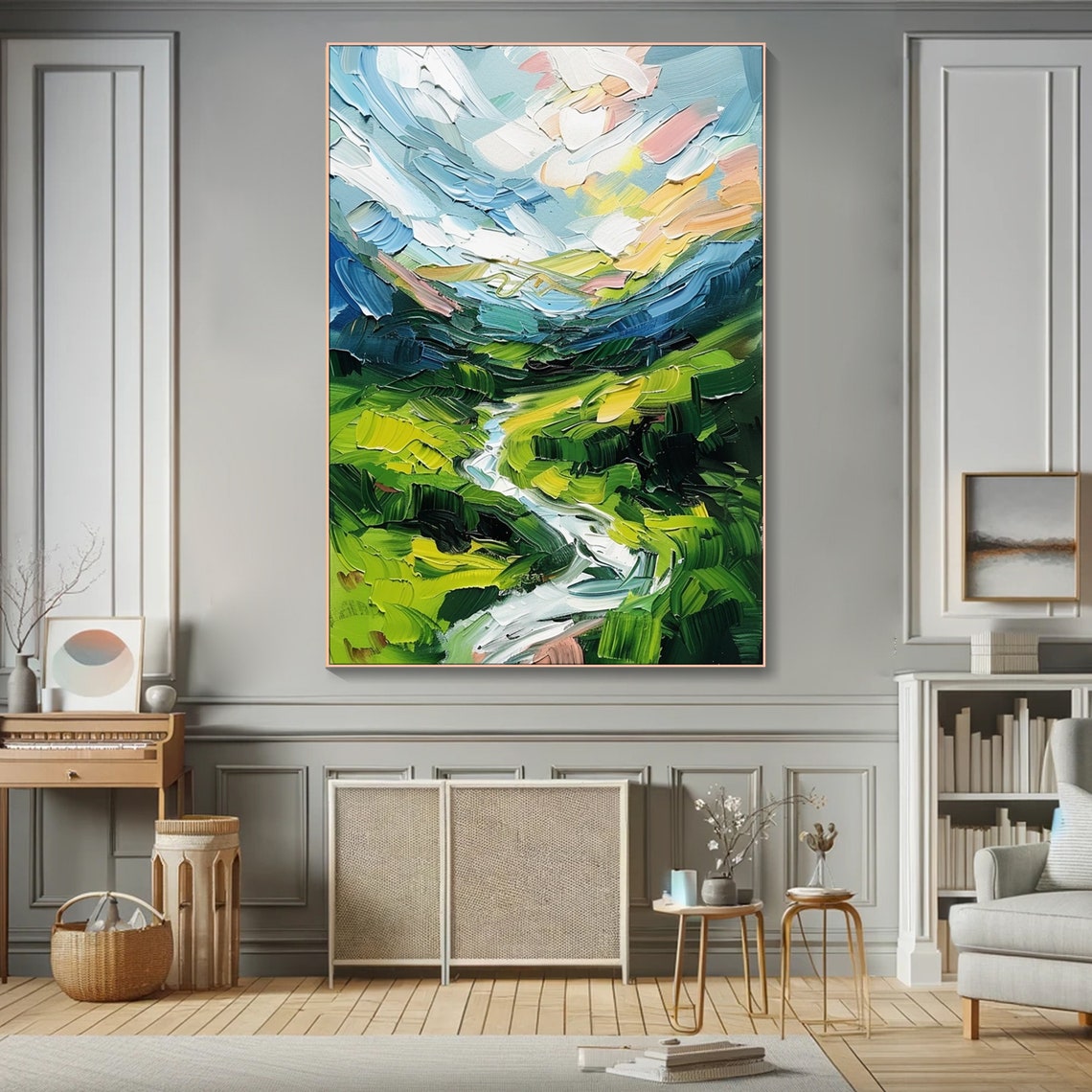 Textured Sky Field Hand Painted Hills And Clouds Spring Impressionist Decor Nature Inspired Art Tranquil Fine Art - Image 3