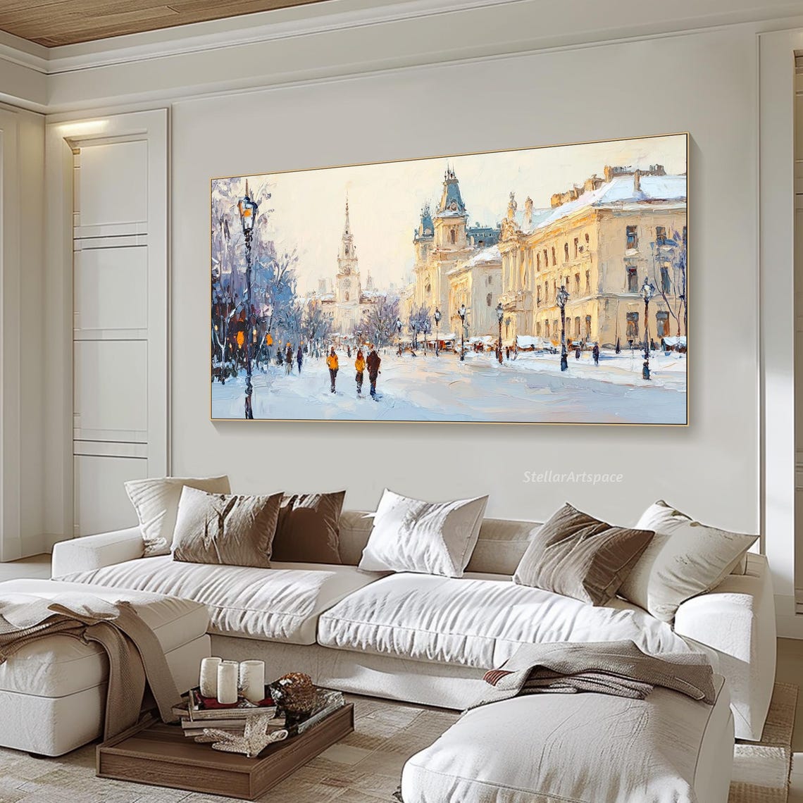 Winter Cityscape Painting On 3d Textured Snowy Street Wall Art European Town Painting Urban Winter Artwork Large Living Room Art - Image 5