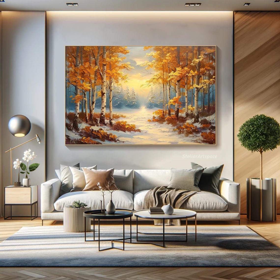 Golden Autumn Birch Forest Snowy Path Textured Landscape Poster - Image 5