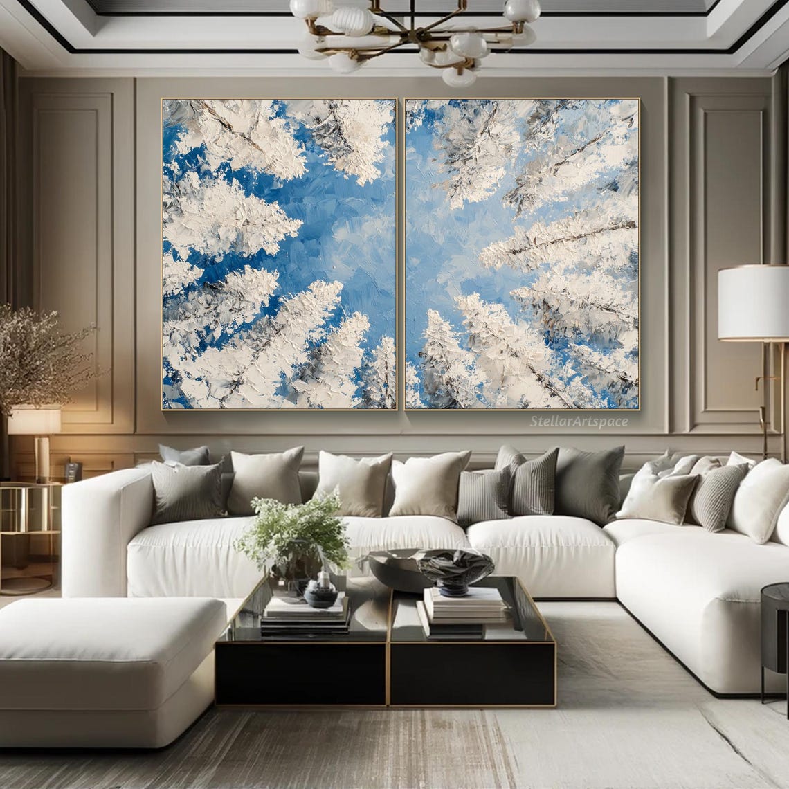 Snowy White Pine Branches Blue Sky Diptych Textured Winter Poster - Image 3
