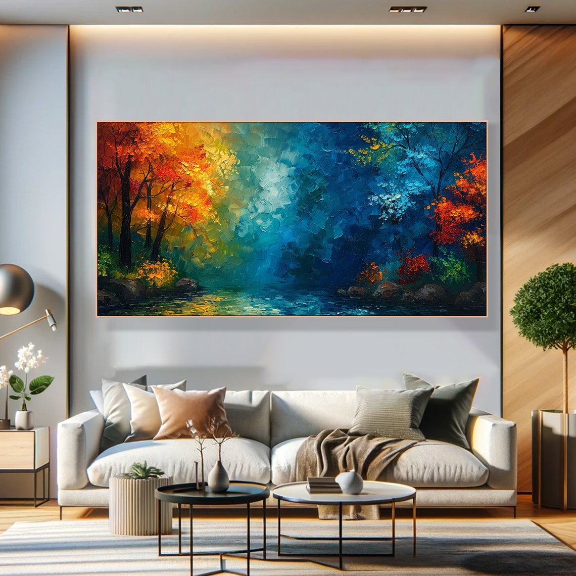 Autumn Forest Stream Fiery Red Trees Blue Impasto Landscape Poster - Image 2