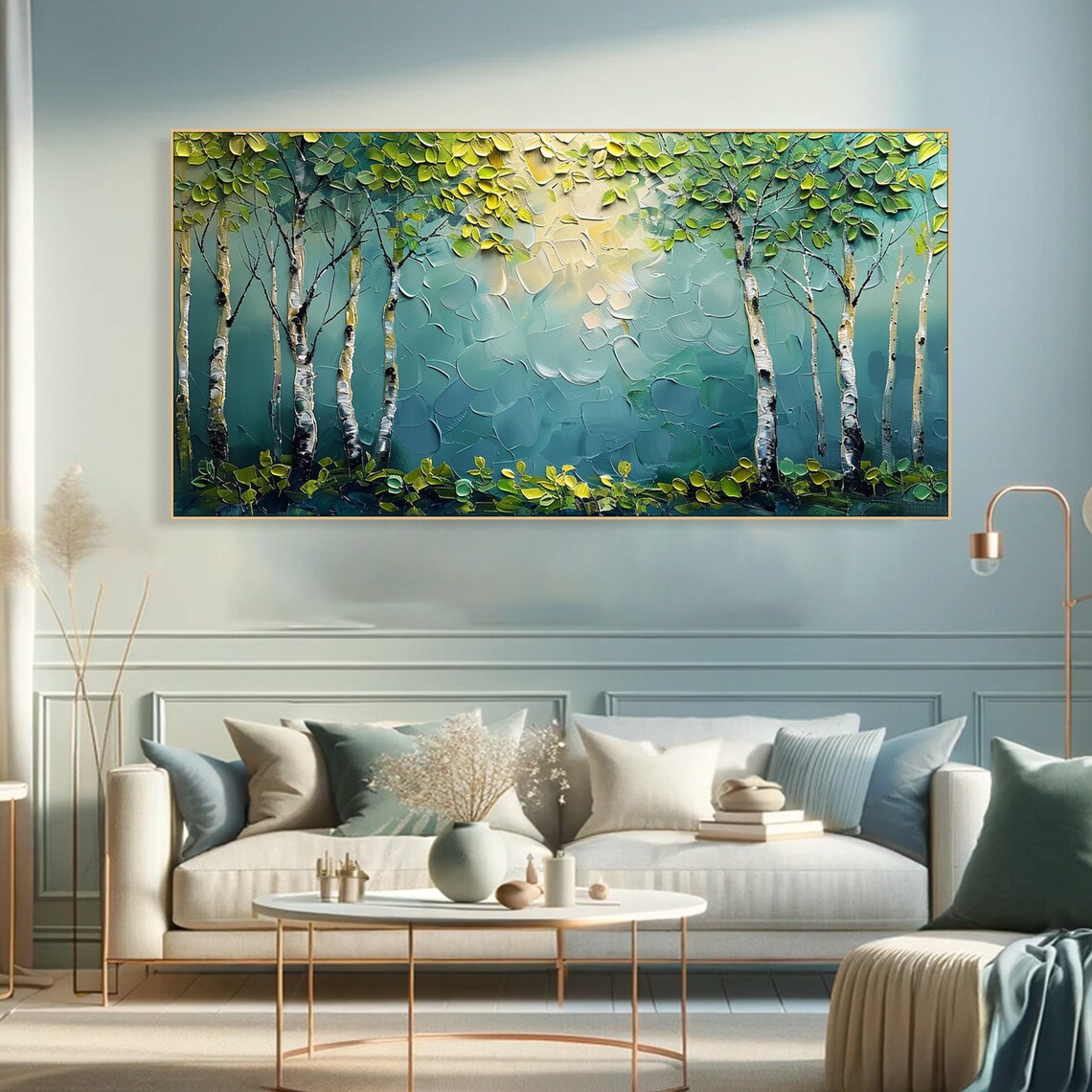 Birch Tree Art Print, Spring Green Leaves, Blue Background - Image 3