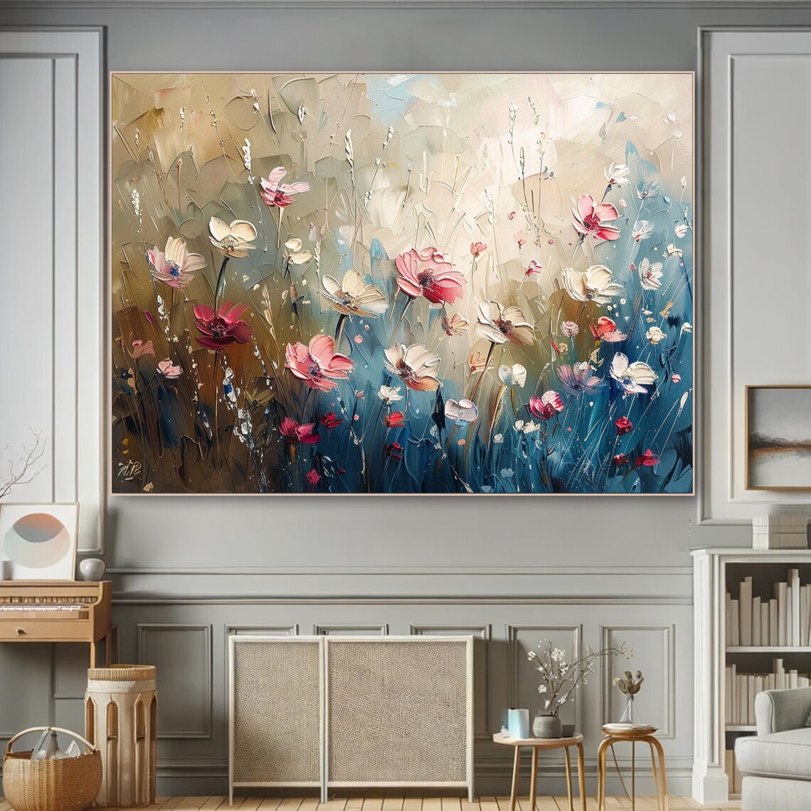 Cream Wildflowers Neutral Beige Blue Elegant Botanical Floral Poster - Image 2