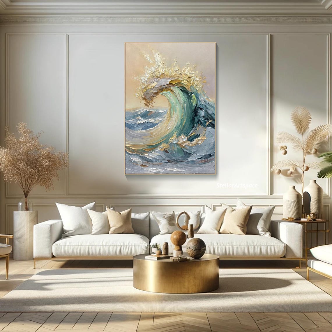 Ocean Wave Curl Blue Sea Gold Spray Textured Impasto Art Poster - Image 4