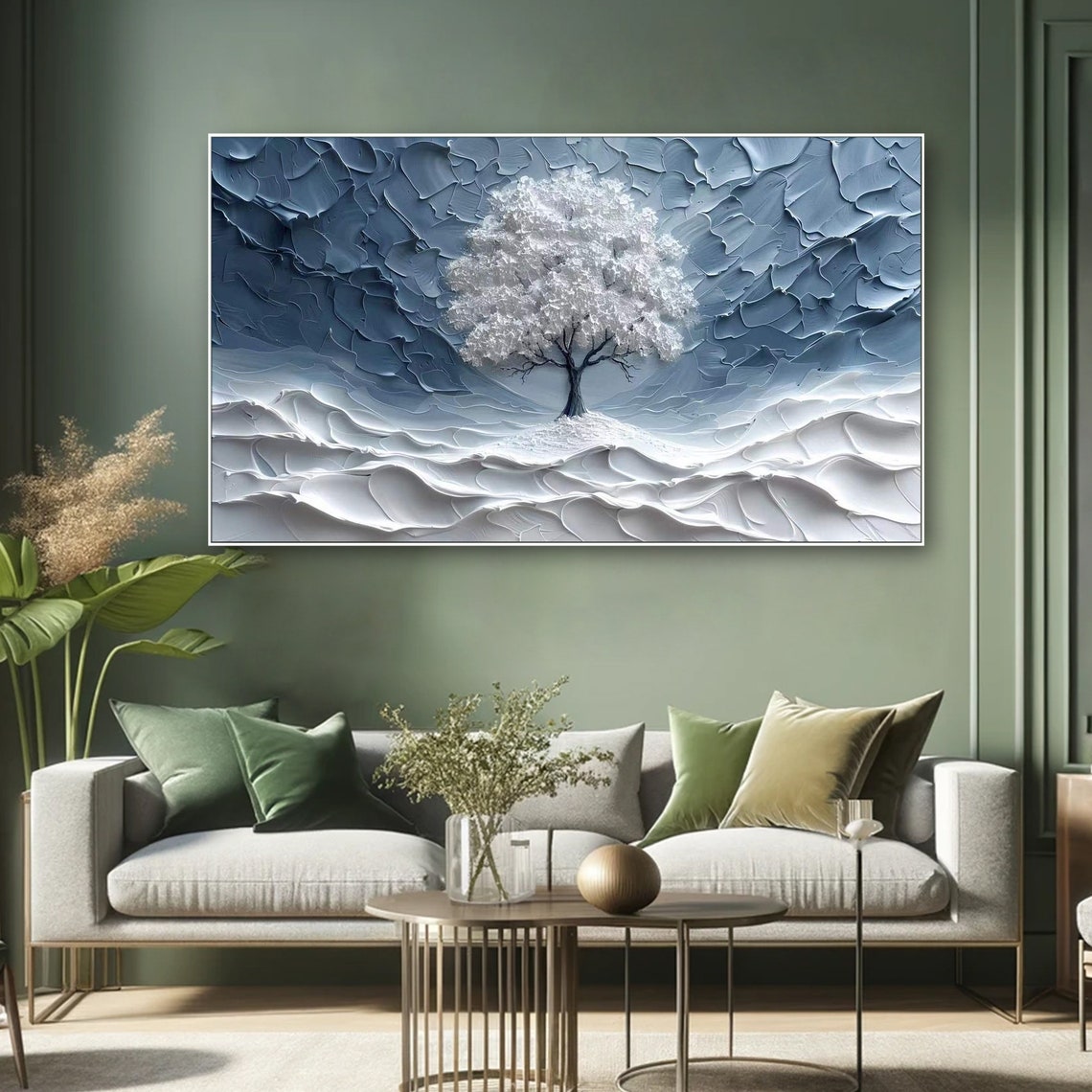 Mystical White Blossom Tree Silver Blue Textured Abstract Poster - Image 6