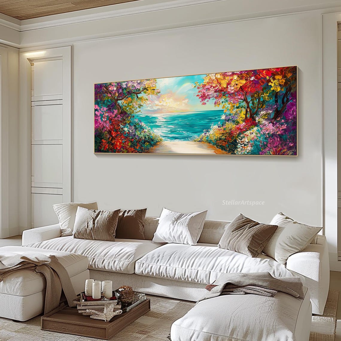 Tropical Beach Cove Colorful Flowering Trees Impasto Seascape Poster - Image 2