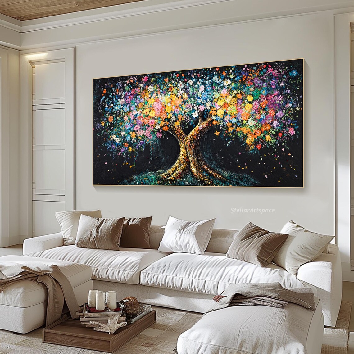 Midnight Blossom Tree Colorful Flowers Black Background Art Poster - Image 6