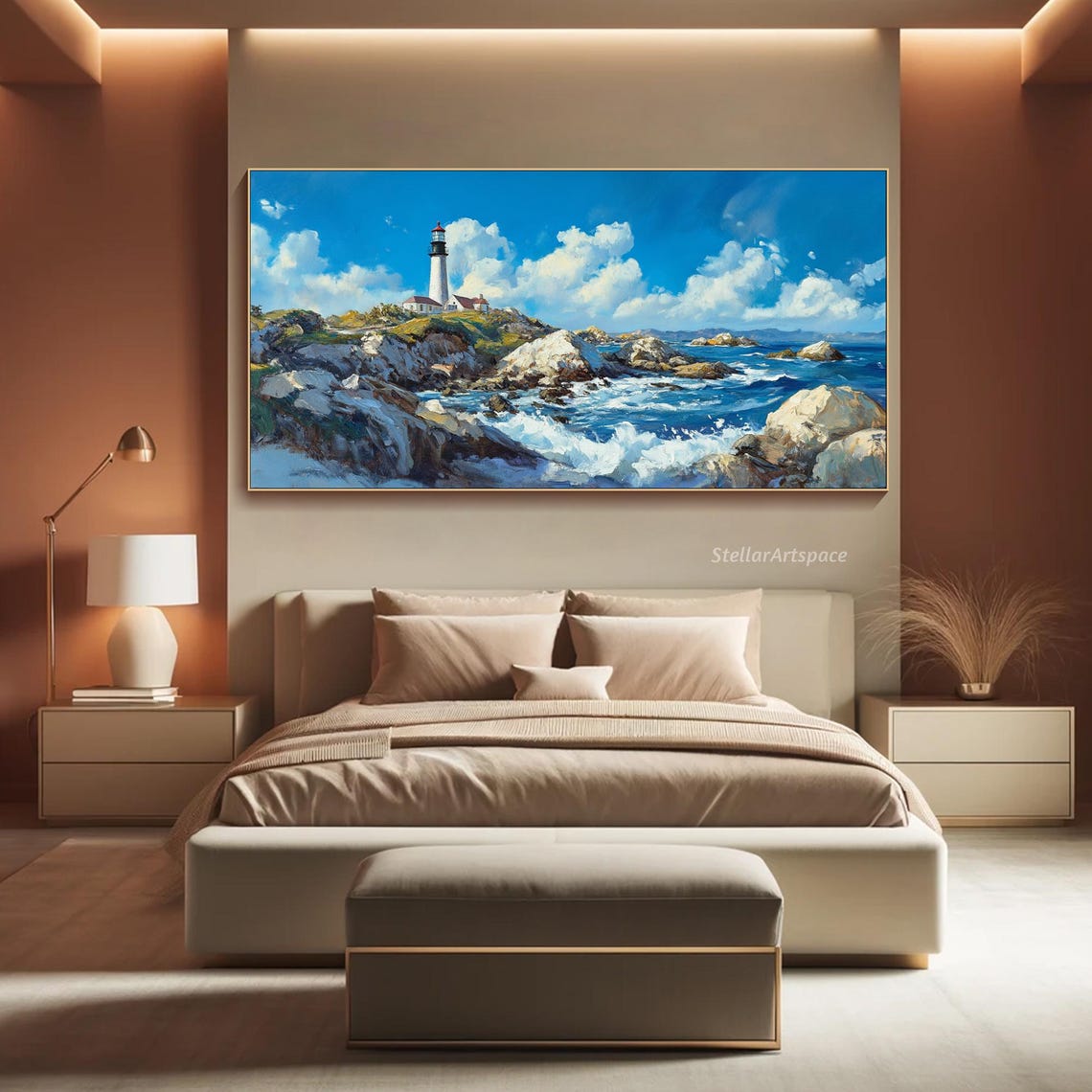 Coastal Lighthouse Rocky Cliffs Blue Ocean Waves Painting Poster - Image 3