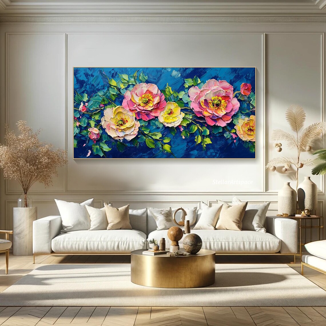 Peony Blossoms Pink Yellow Deep Blue Impasto Bold Floral Poster - Image 5