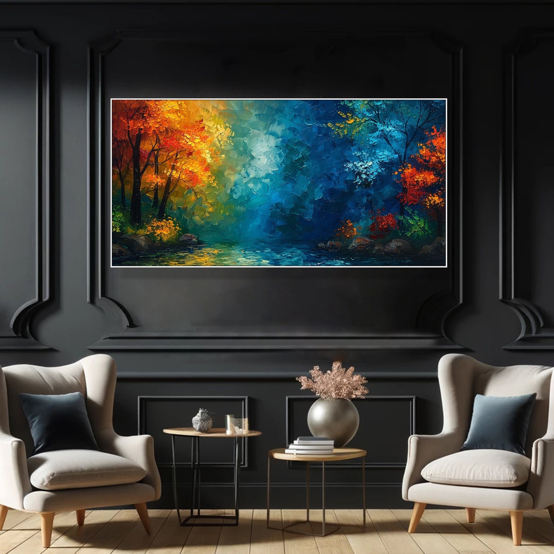 Autumn Forest Stream Fiery Red Trees Blue Impasto Landscape Poster - Image 5