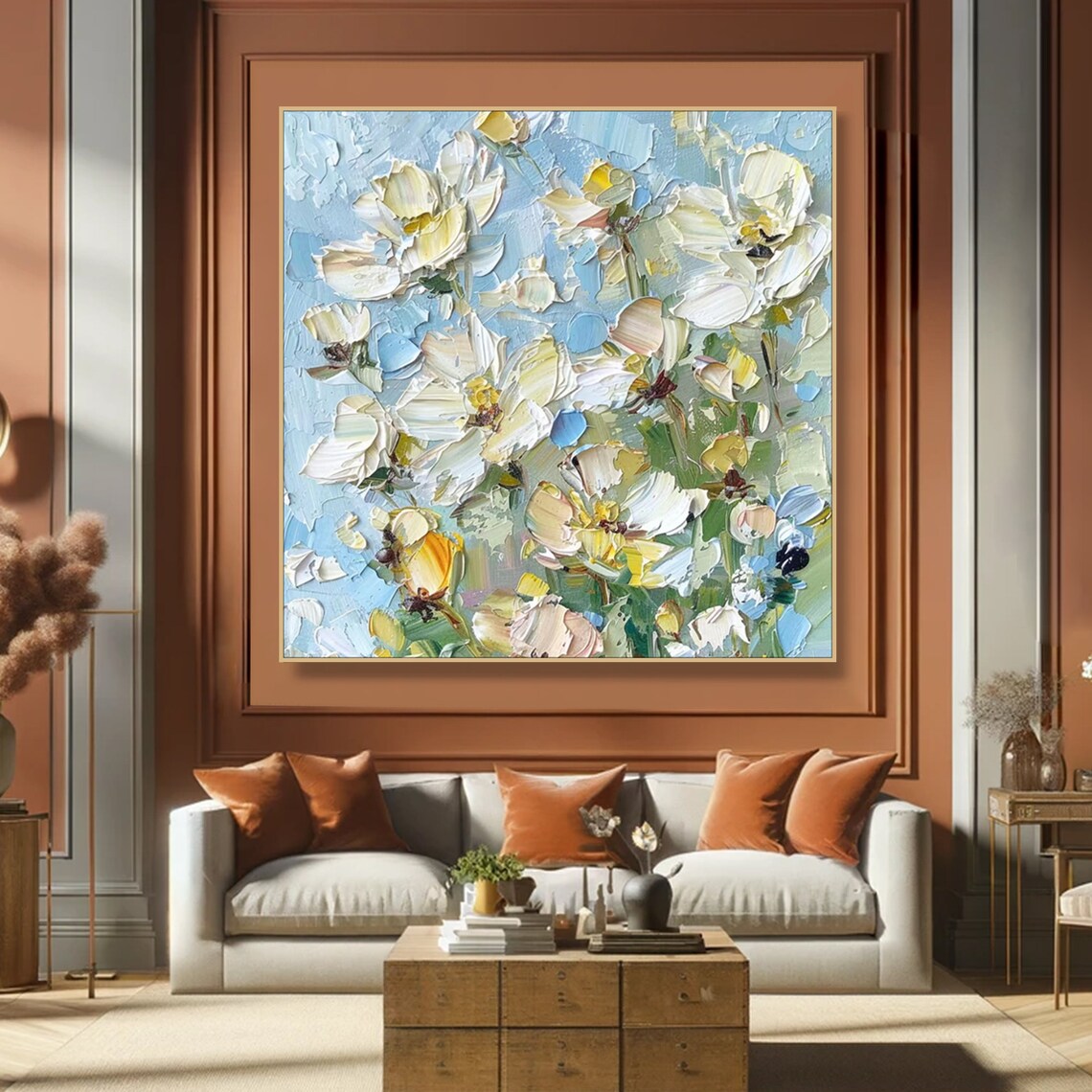 White Blossom Pastel Blue Floral Impasto Oil Painting Soft Poster - Image 4