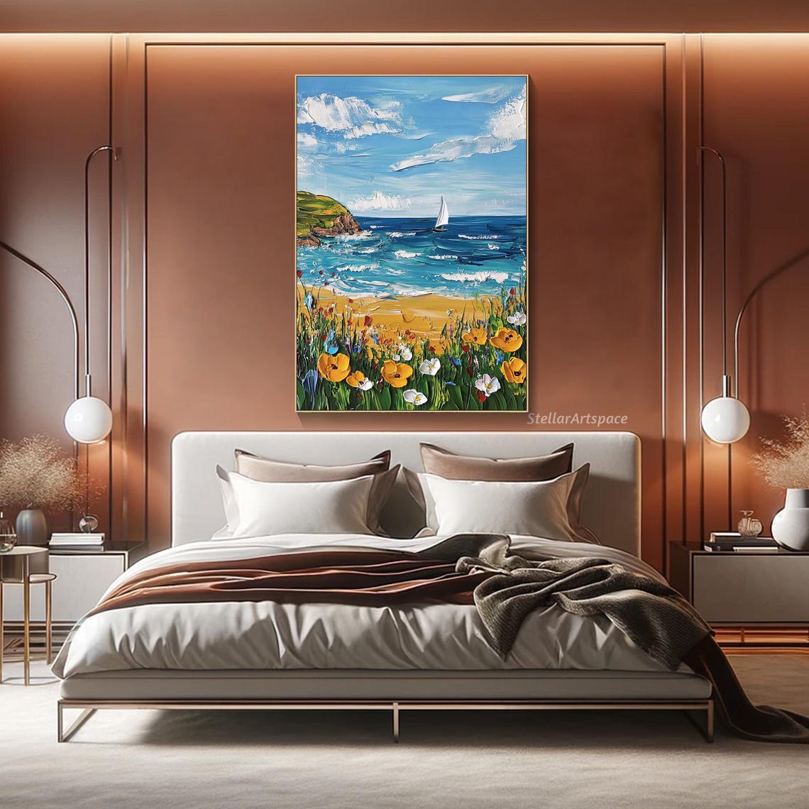 Sailboat Coast Cliff Wildflowers Foreground Textured Seascape Poster - Image 2
