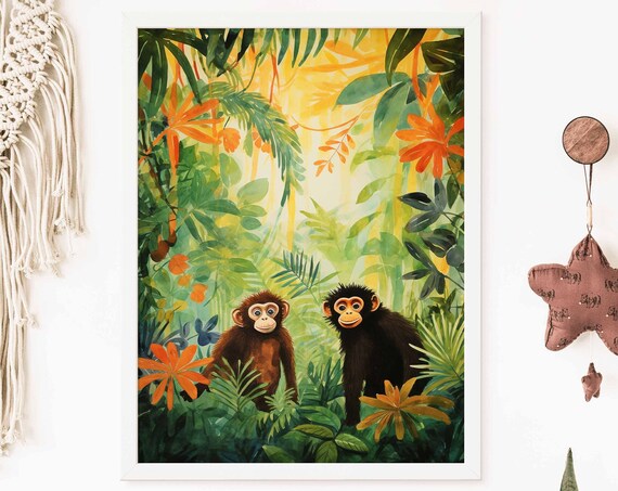 Two Cute Baby Monkeys in Lush Jungle Watercolor Poster for Kids