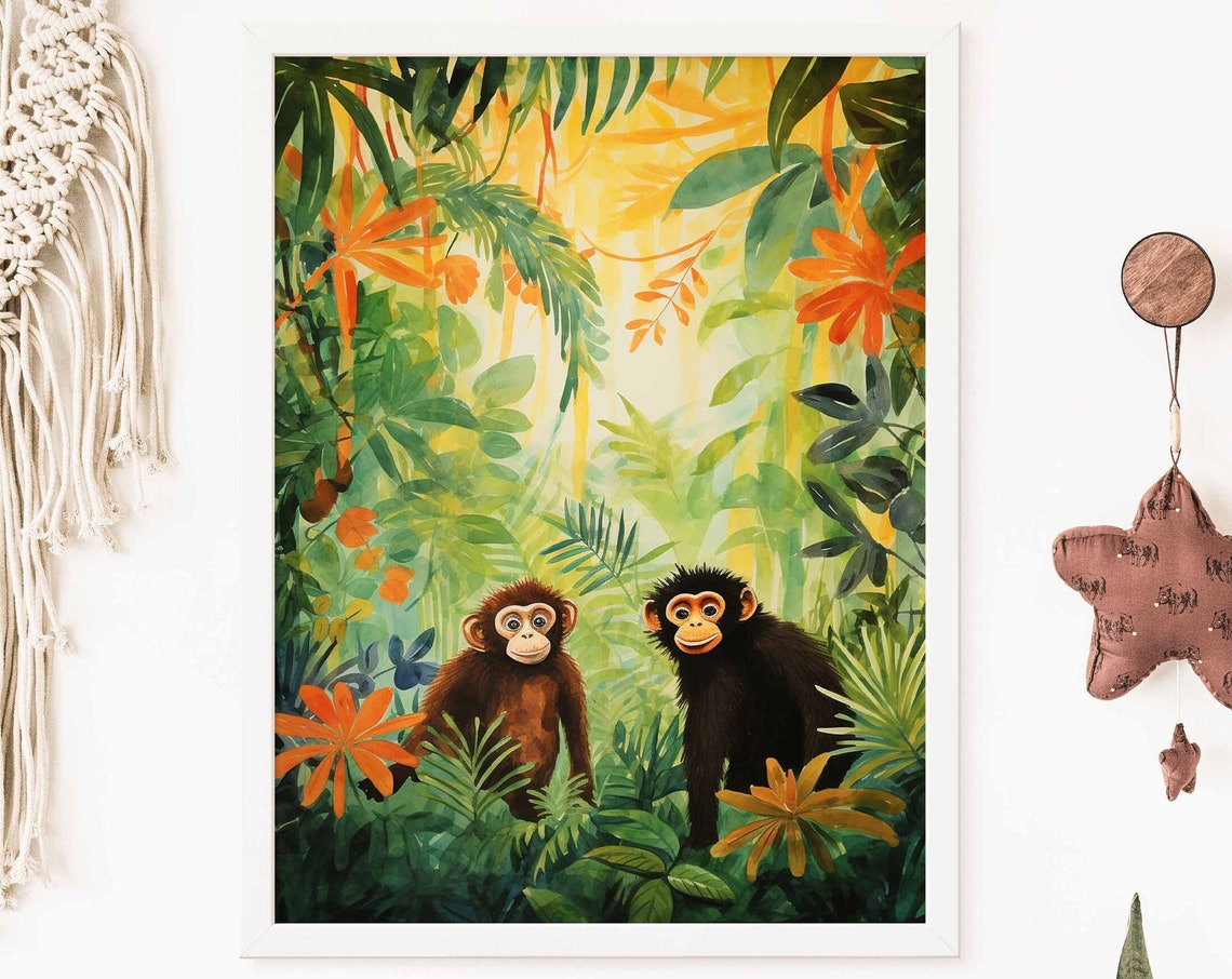 Two Cute Baby Monkeys in Lush Jungle Watercolor Poster for Kids