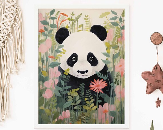Cute Panda Peeking Through Flowers Watercolor Nursery Poster