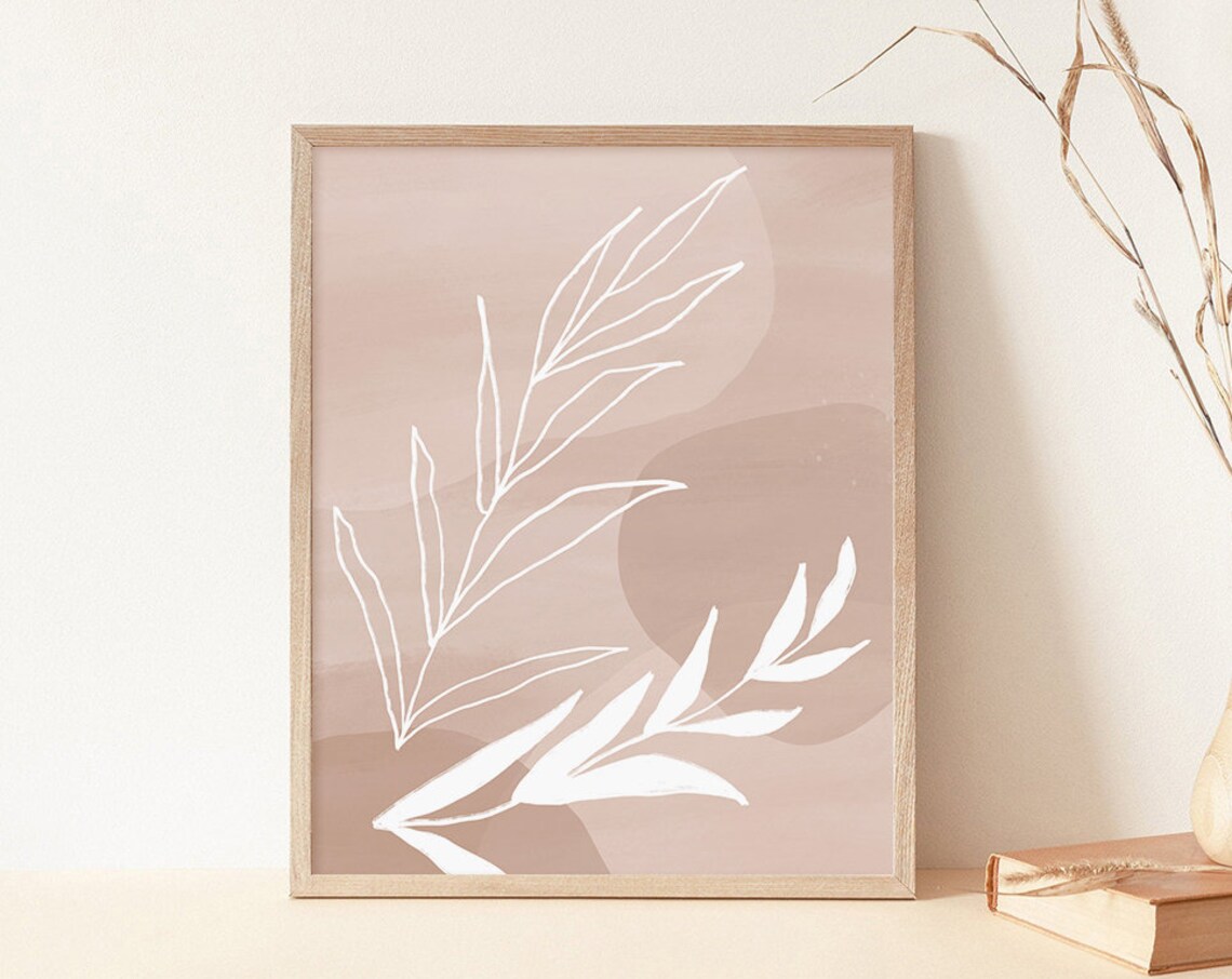 Dusty Rose White Leaf Lines Watercolor Botanical Minimal Art Poster - Image 3
