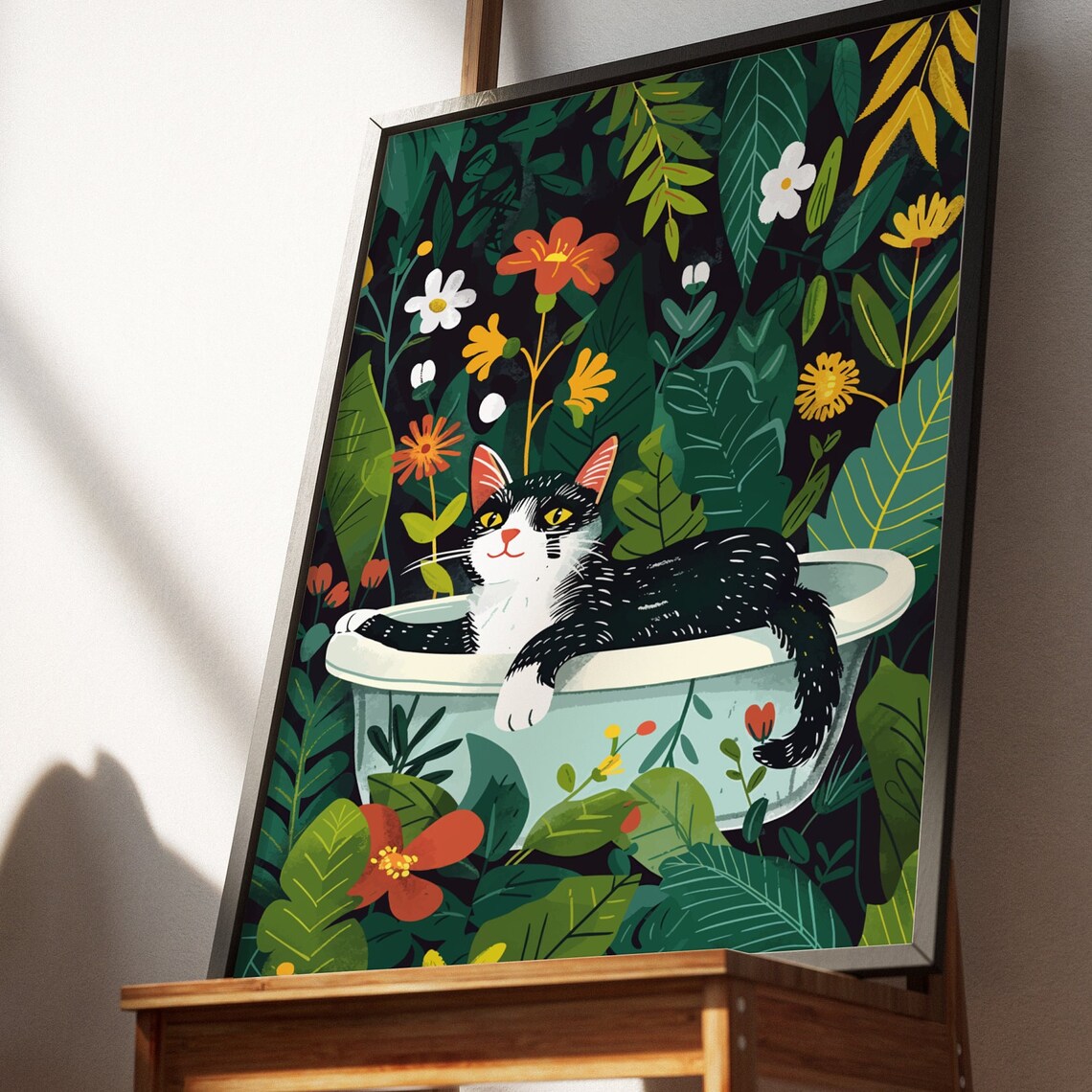 Sprawling Tuxedo Cat in Bathtub Amid Bold Jungle Flowers Poster - Image 3