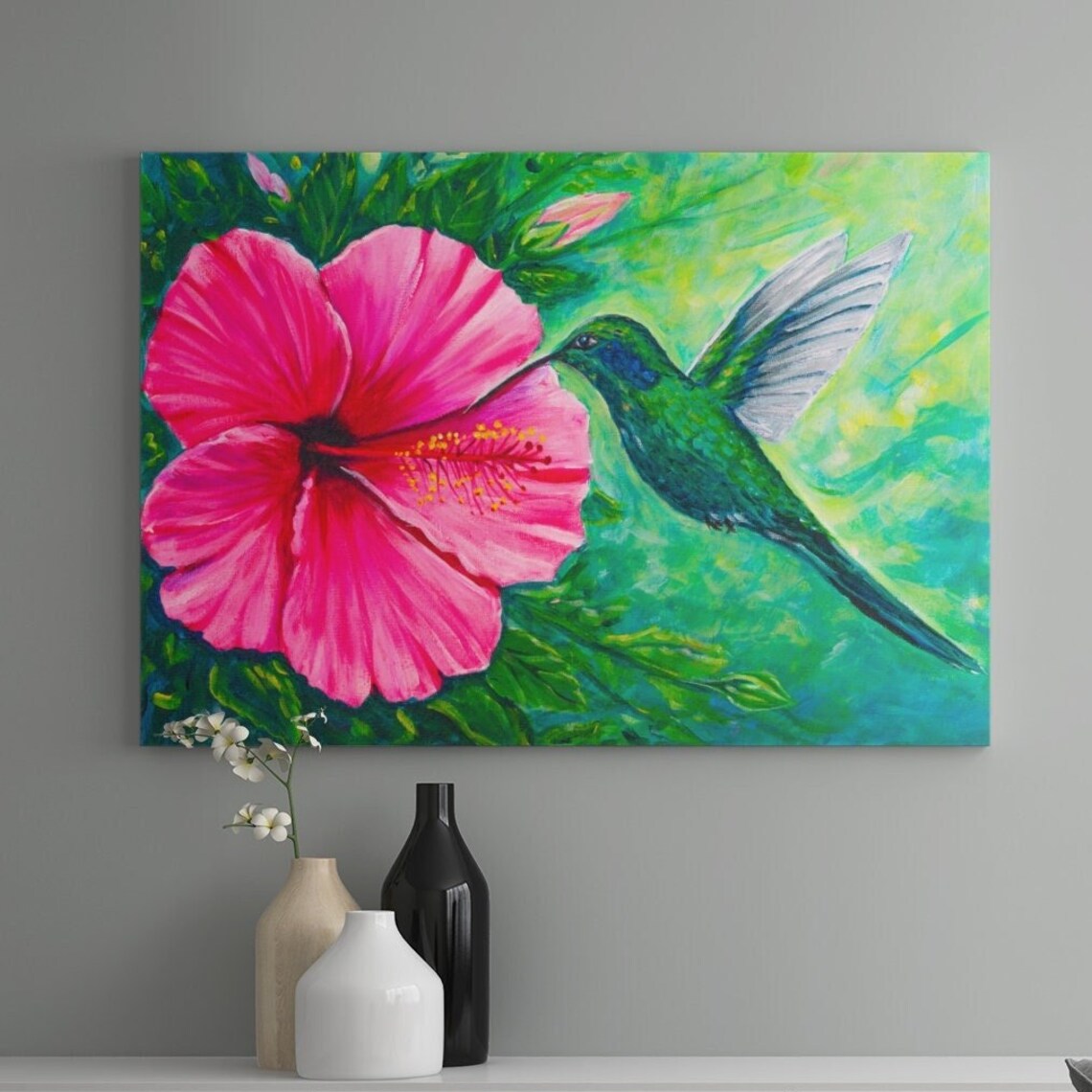 Green Hummingbird Pink Hibiscus Flower Tropical Garden Bird Poster