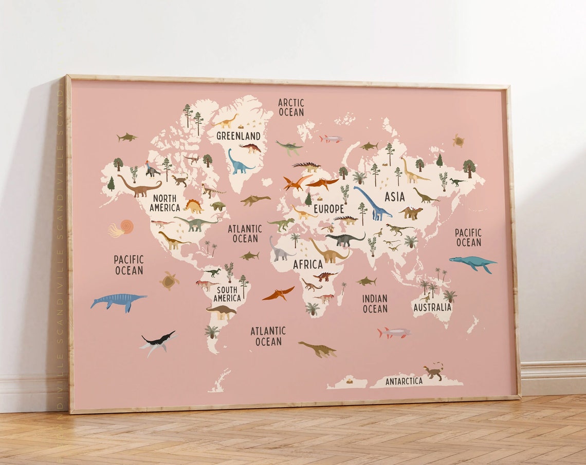 Dinosaur World Map Pink Nursery Dinosaurs Kids Room Wall Art