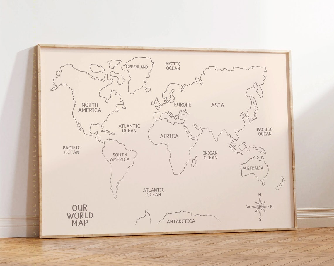 Our World Map Minimalist Beige Continents Educational Art Poster