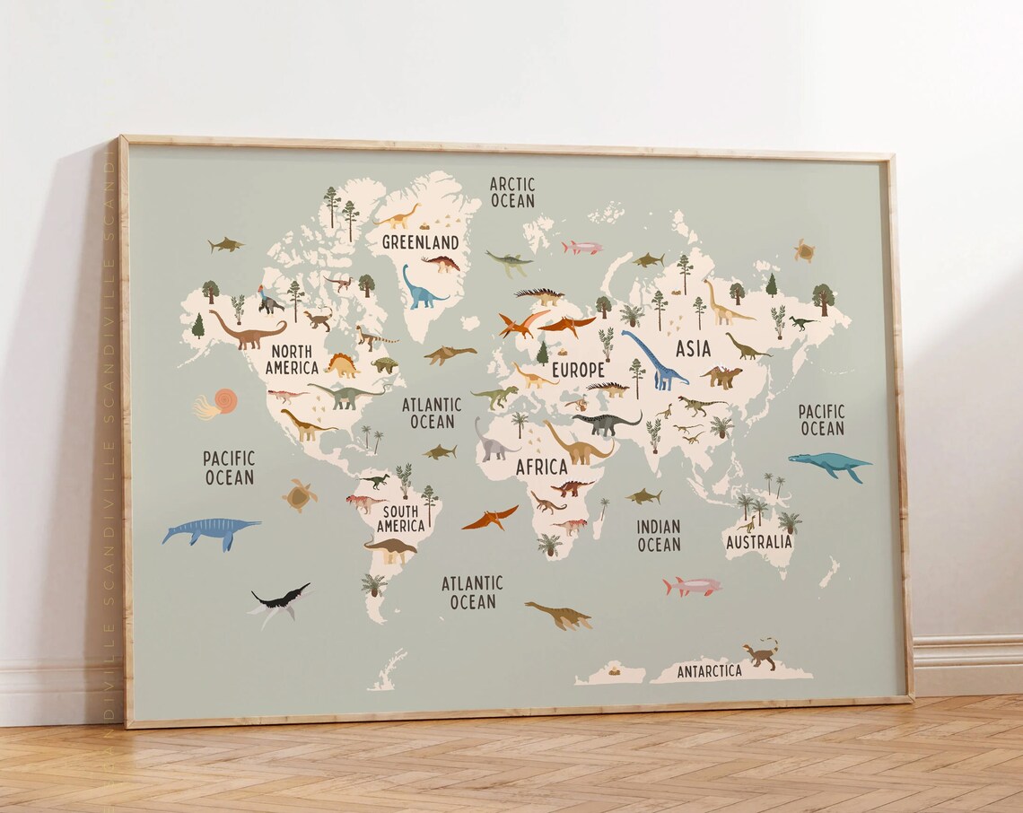 Dinosaur World Map Sage Green Nursery Dinosaurs Room Wall Art