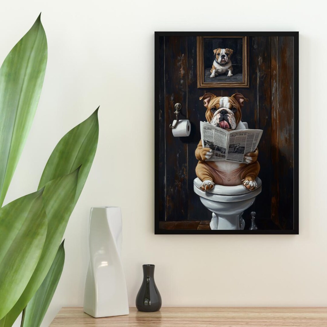 Bulldog On Toilet Poster, Dog Bathroom Art Print - Image 2