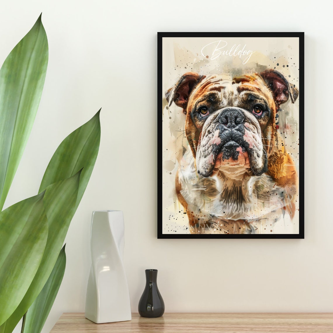 Bulldog Watercolor Dog Breed Portrait Poster Script Name Detail - Image 2